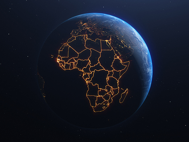 A 3D illustration showcasing Africa illuminated at night on the Earth's surface