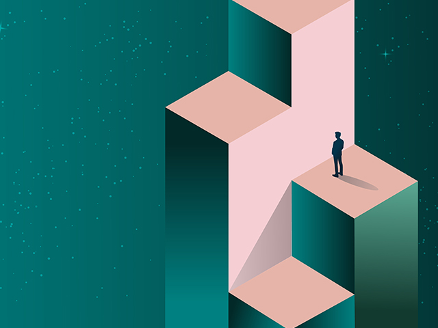 An illustration depicting a man standing on a cube, symbolizing balance and elevation. This image represents a psychology concept related to thoughtful contemplation.