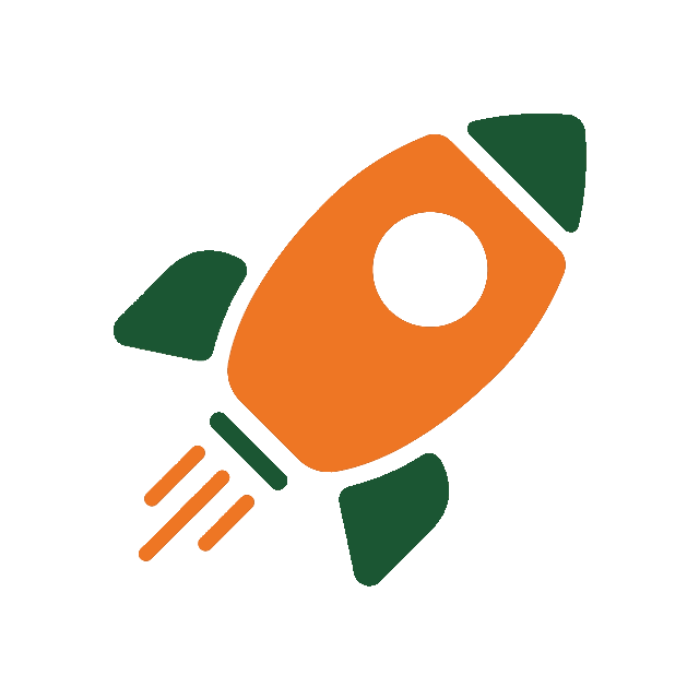 Mission flat icon of orange and green rocket ship